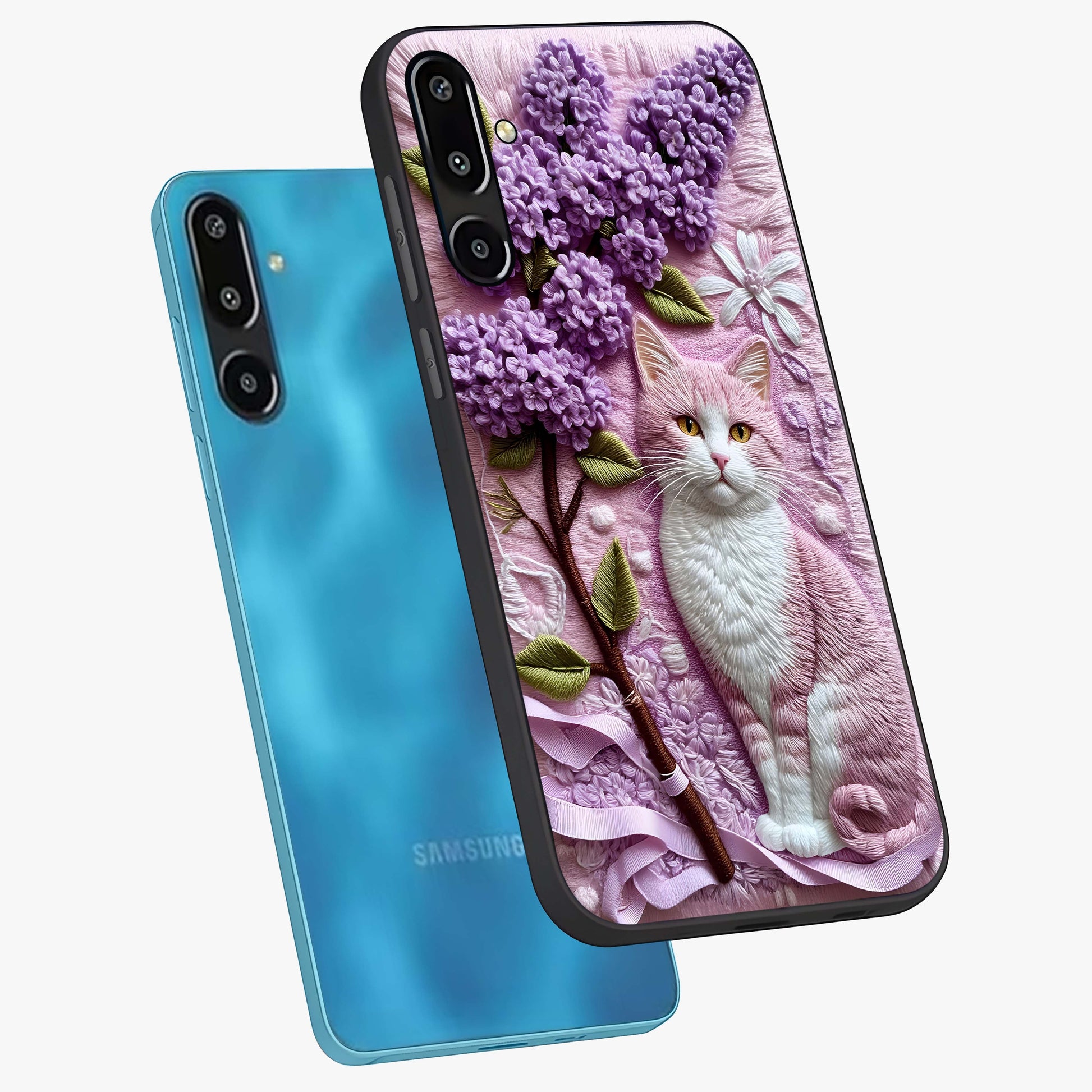 Lavender Cat Whimsy Glass Case displayed in angled mockup highlighting playful feline illustration with pastel lavender aesthetic.