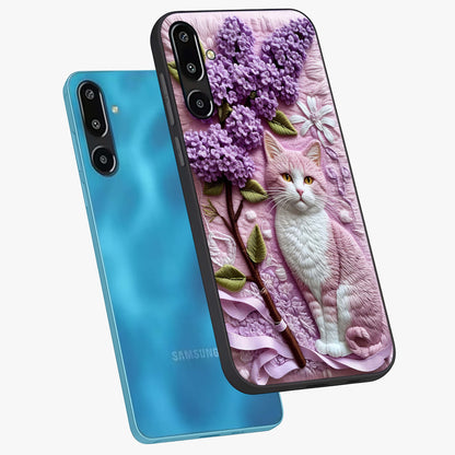 Lavender Cat Whimsy Glass Case displayed in angled mockup highlighting playful feline illustration with pastel lavender aesthetic.