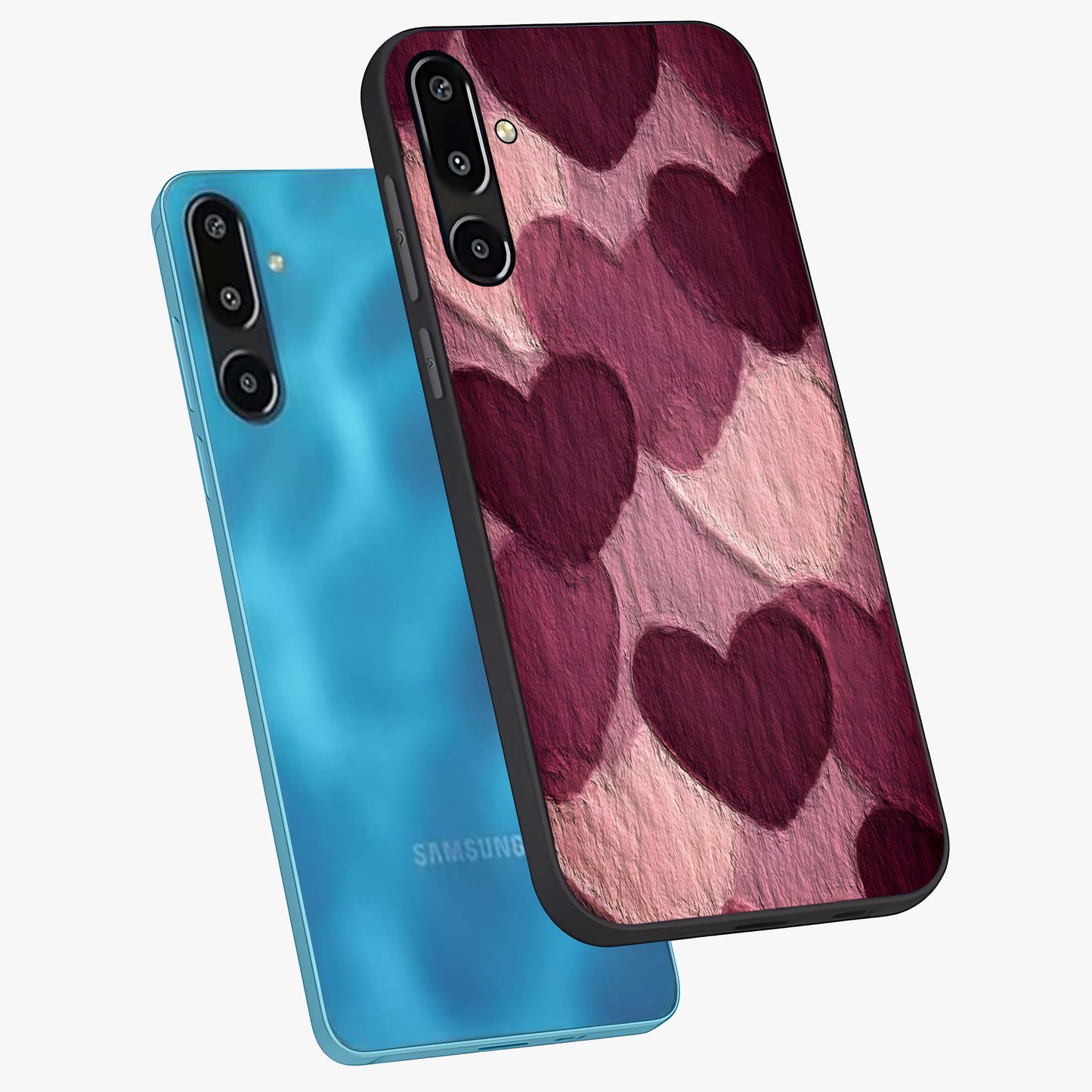 Layered Paper Hearts Glass Case displayed in angled mockup highlighting creative paper craft heart design with romantic aesthetic.