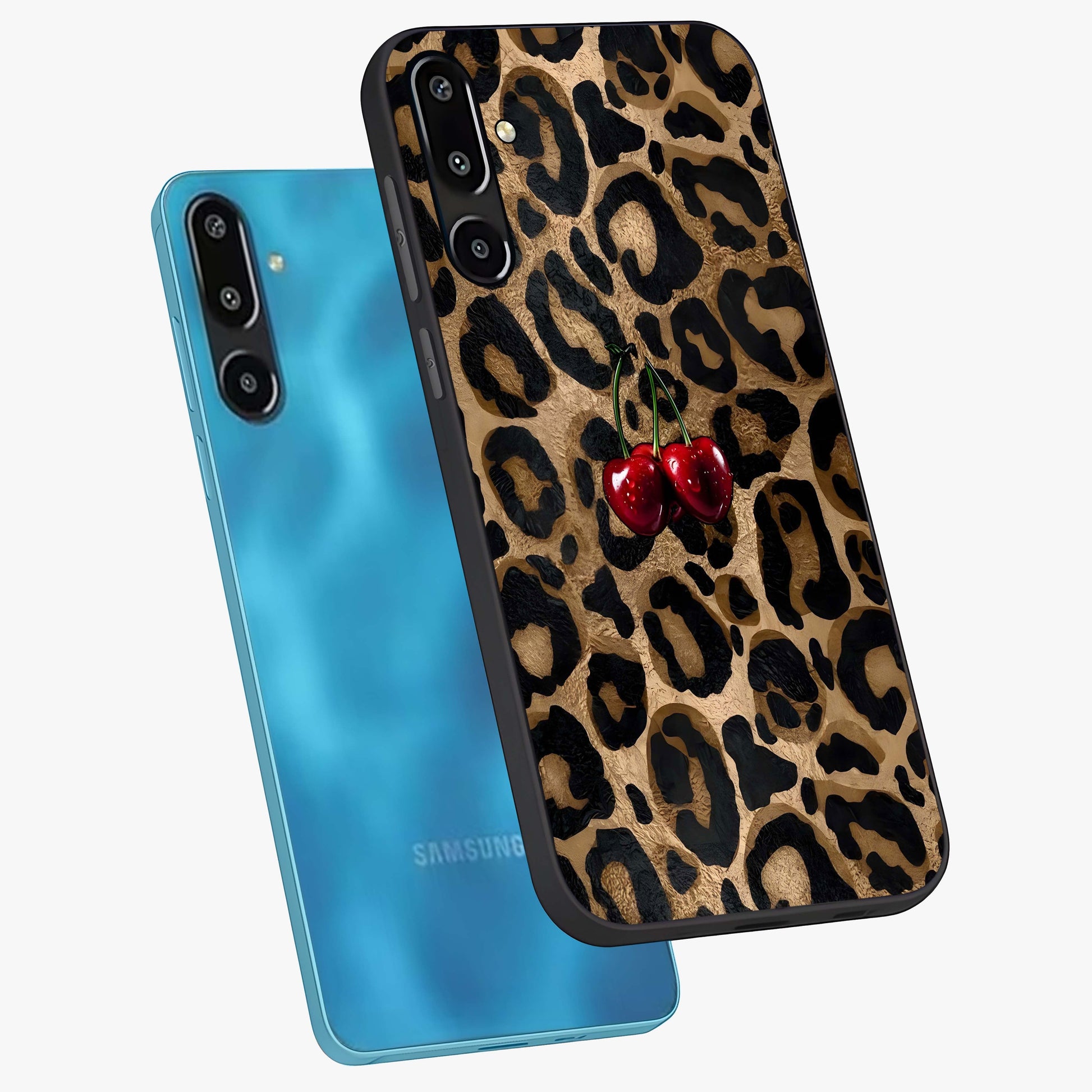 Leopard Wild Cherry Glass Case displayed in angled mockup highlighting bold animal print design with playful cherry aesthetic.