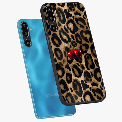 Leopard Wild Cherry Glass Case displayed in angled mockup highlighting bold animal print design with playful cherry aesthetic.