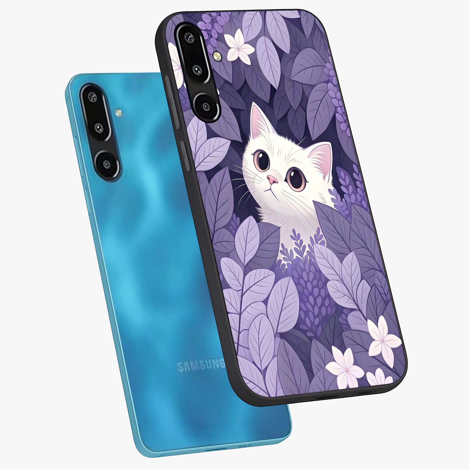Lilac Hide Peek Cat Glass Case displayed in angled mockup highlighting playful feline illustration with lilac aesthetic design.