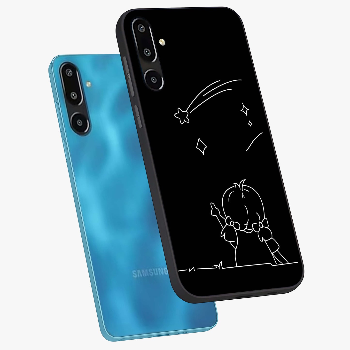 Line Art Girl With Shooting Stars Glass Case displayed in angled mockup highlighting elegant line art design with dreamy star aesthetic.