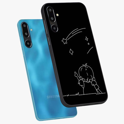 Line Art Girl With Shooting Stars Glass Case displayed in angled mockup highlighting elegant line art design with dreamy star aesthetic.