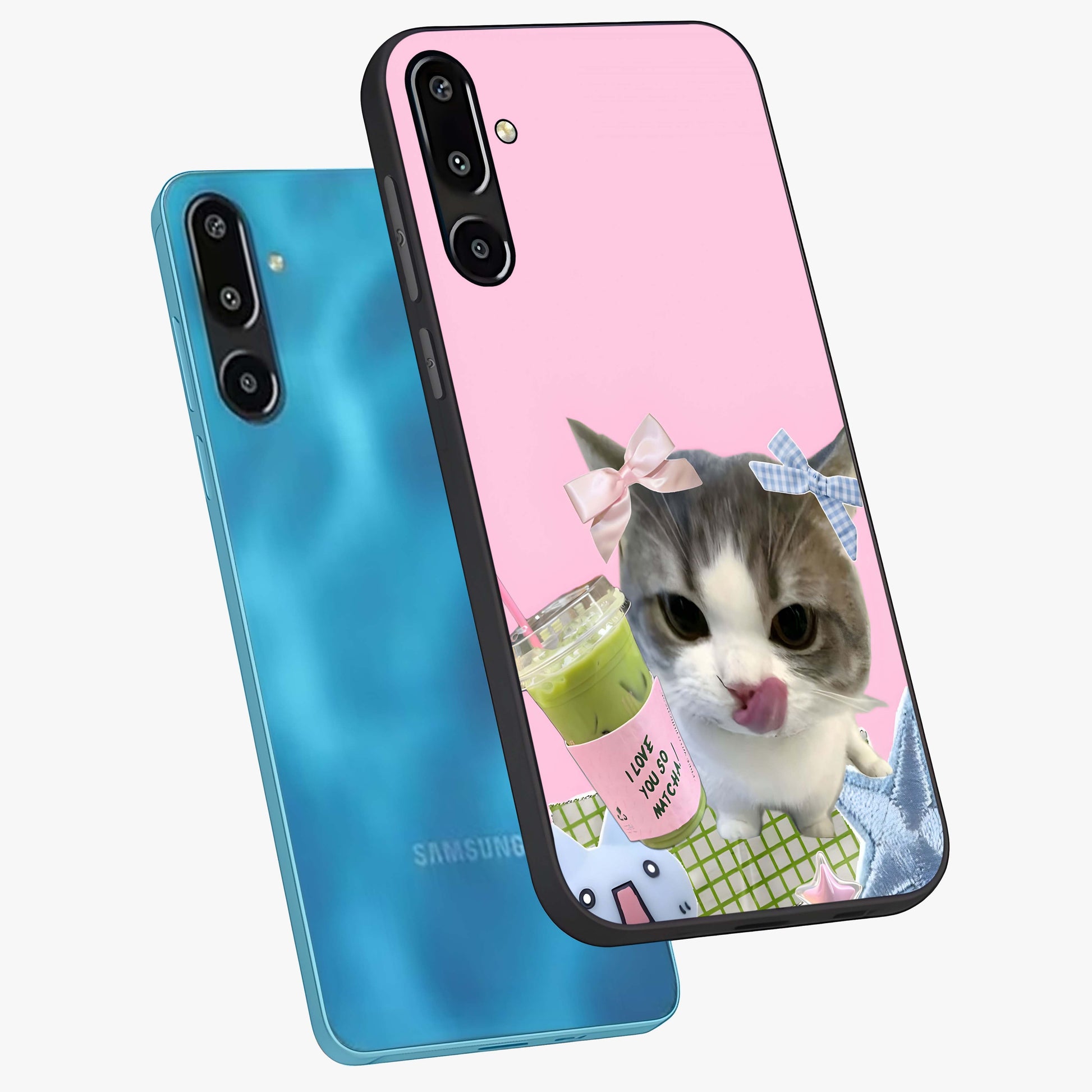Love Matcha Cat Glass Case displayed in angled mockup highlighting playful feline illustration with cozy matcha aesthetic.