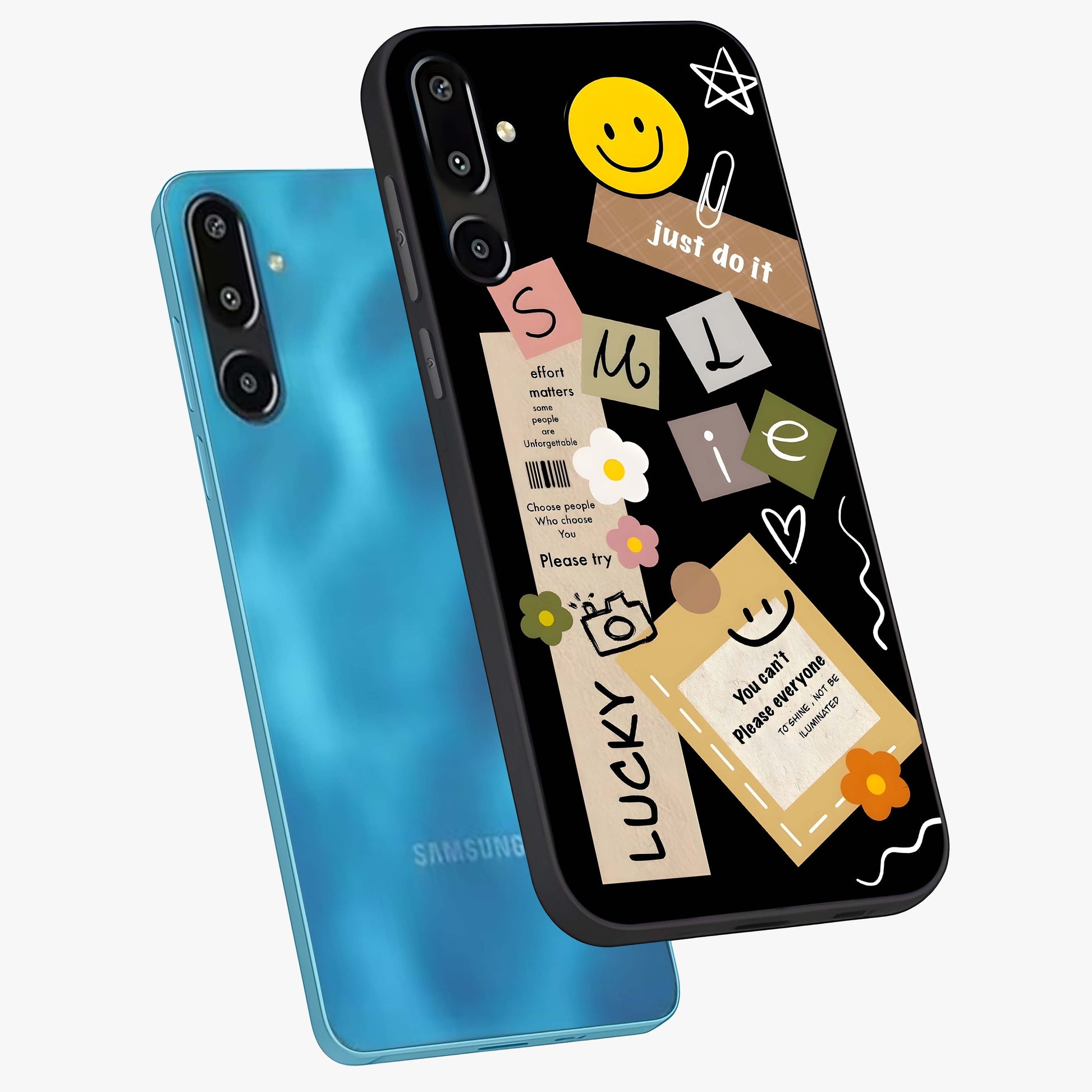 Lucky Aesthetic Collage Glass Case displayed in angled mockup highlighting stylish collage pattern with modern aesthetic vibe.