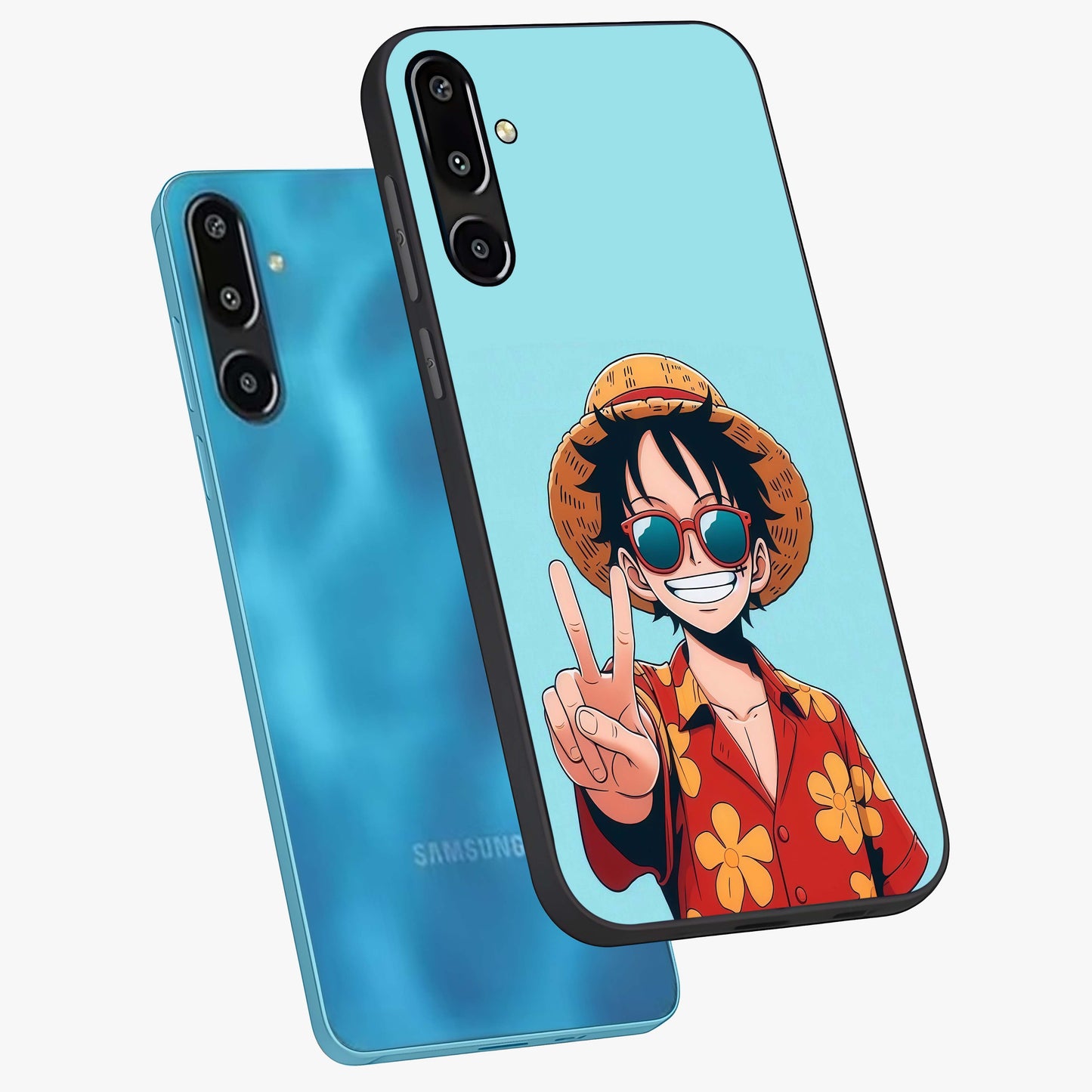 Luffy Summer Anime Vibe Glass Case displayed in angled mockup highlighting energetic anime illustration with summer vibe aesthetic.