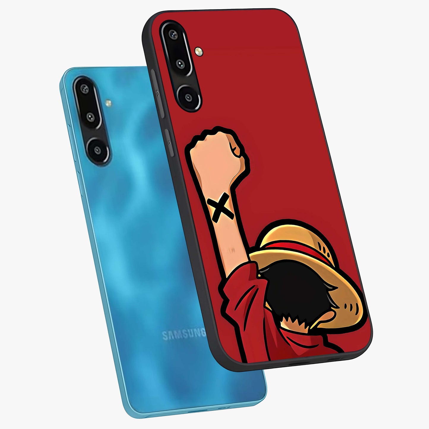 Luffy X Spirit Glass Case displayed in angled mockup highlighting powerful anime design with energetic action aesthetic.
