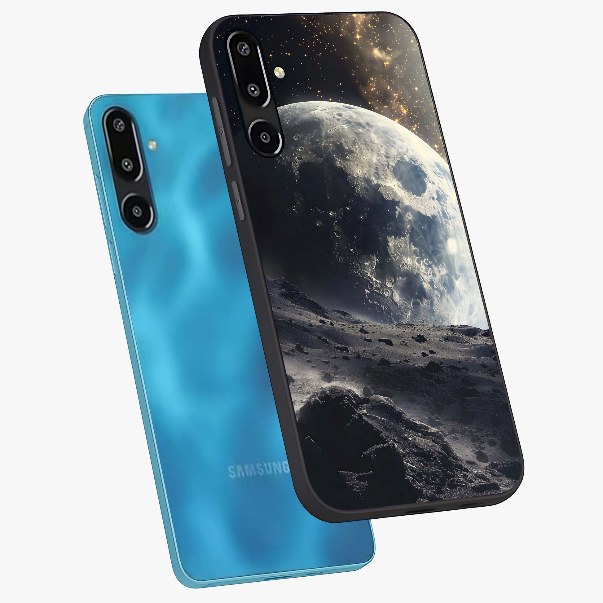 Lunar Horizon Glow Glass Case displayed in angled mockup highlighting celestial moon design with dreamy night aesthetic.