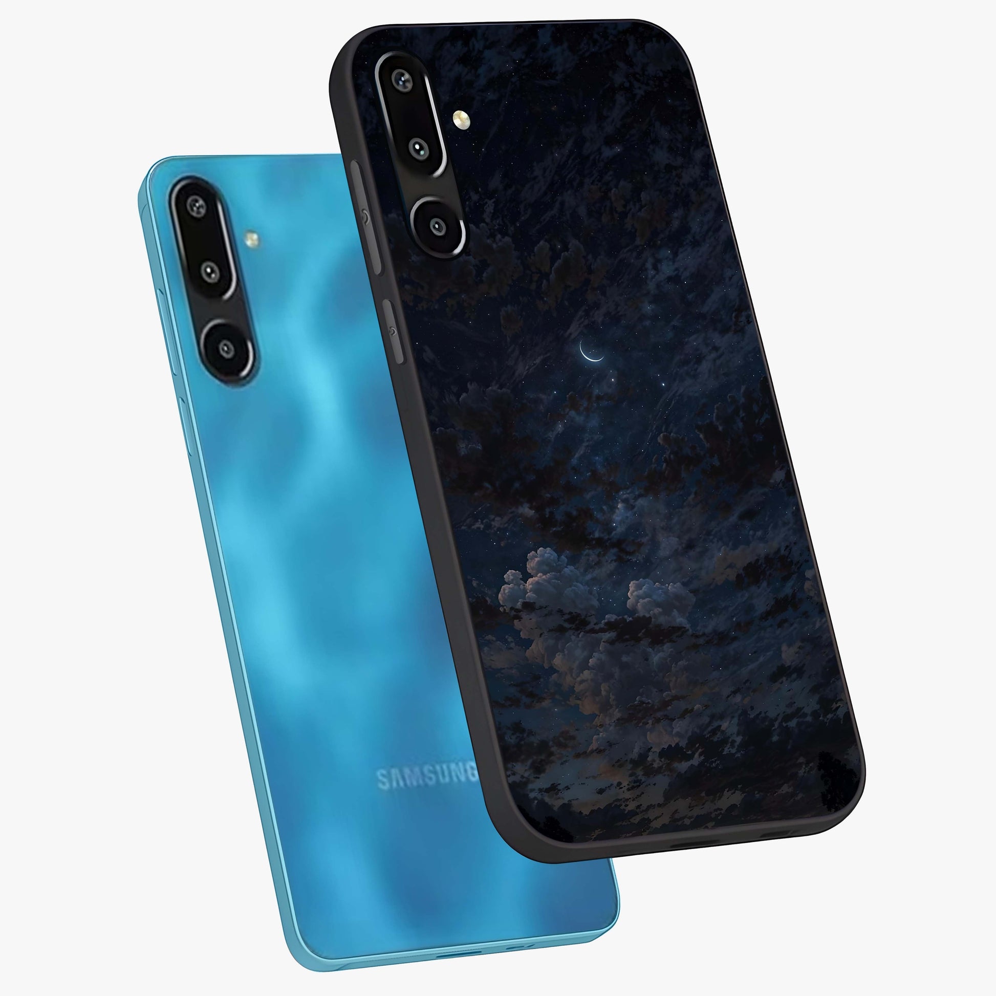 Lunar Veil Silence Glass Case displayed in angled mockup highlighting soft lunar design with peaceful celestial aesthetic.