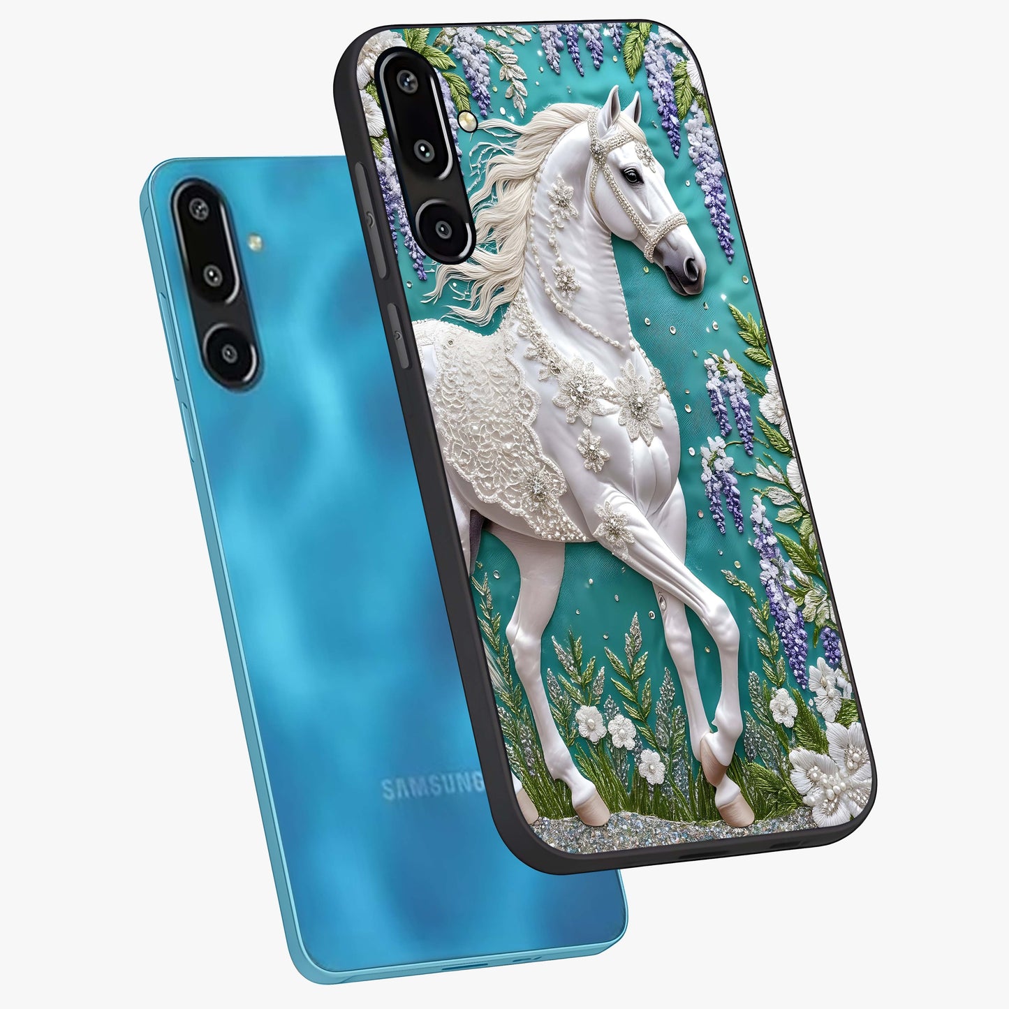 Majestic Floral Stallion Glass Case displayed in angled mockup highlighting majestic stallion illustration with elegant floral aesthetic.