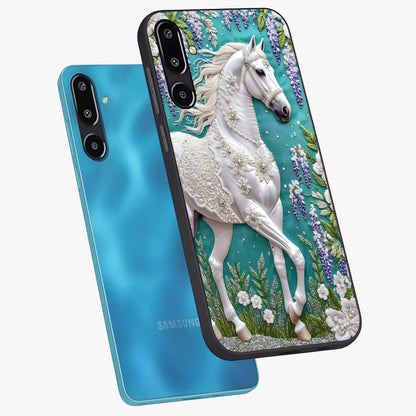 Majestic Floral Stallion Glass Case displayed in angled mockup highlighting majestic stallion illustration with elegant floral aesthetic.