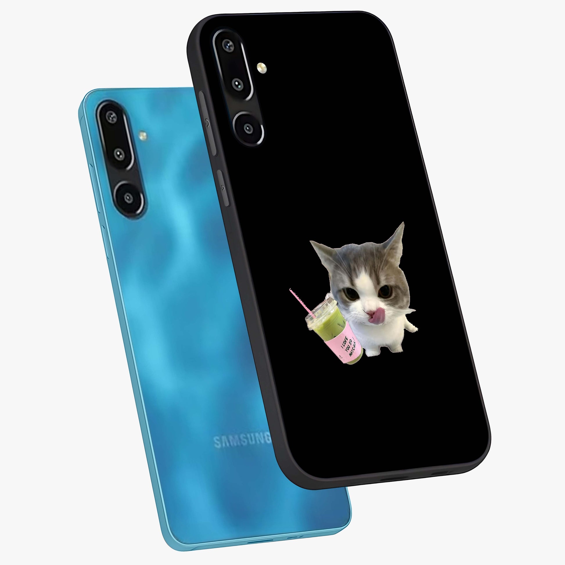 Matcha Cat Style Glass Case displayed in angled mockup highlighting playful feline design with pastel matcha aesthetic.