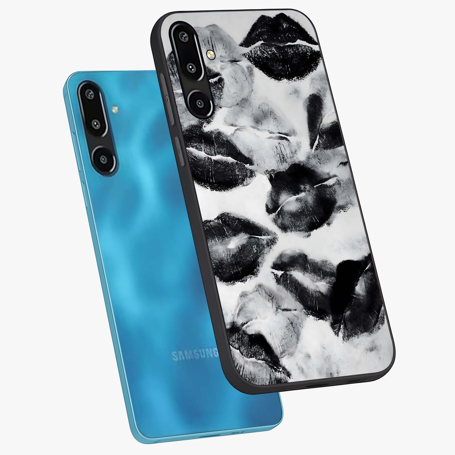 Midnight Kiss Marks Glass Case displayed in angled mockup highlighting playful romantic design with bold midnight aesthetic.