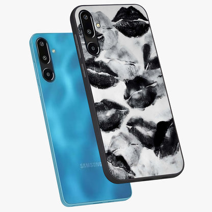 Midnight Kiss Marks Glass Case displayed in angled mockup highlighting playful romantic design with bold midnight aesthetic.
