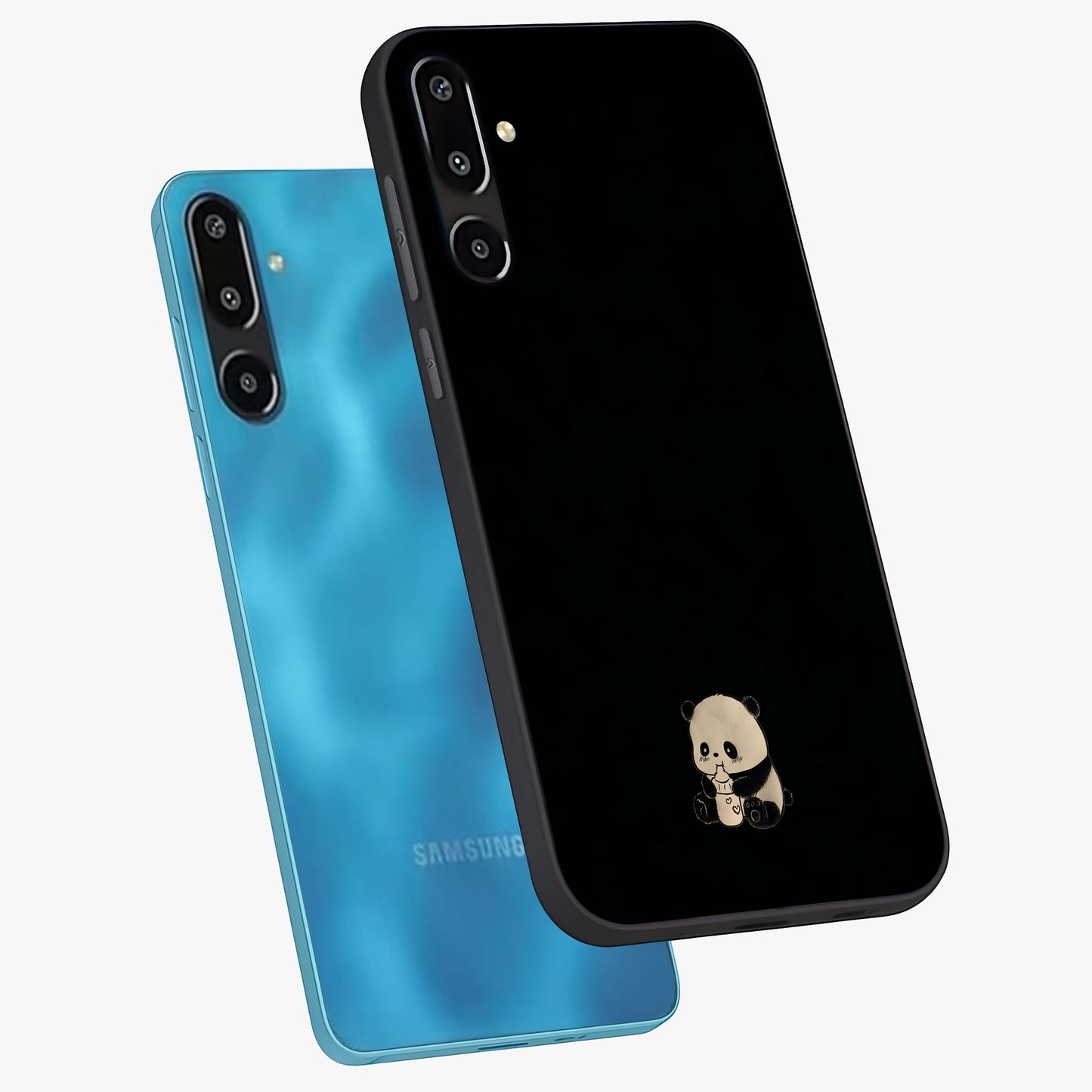 Midnight Panda Love Glass Case displayed in angled mockup highlighting adorable panda illustration with midnight aesthetic.
