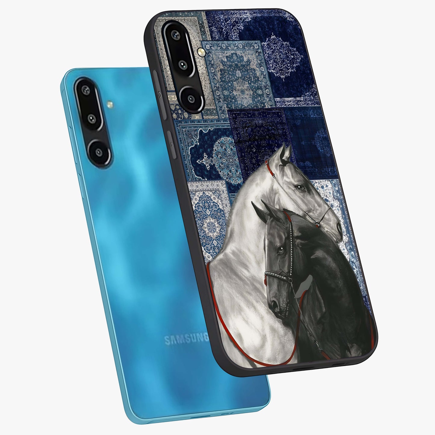 Midnight Stallion Blues Glass Case displayed in angled mockup highlighting powerful stallion illustration with deep midnight tones.