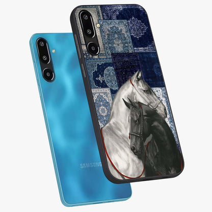 Midnight Stallion Blues Glass Case displayed in angled mockup highlighting powerful stallion illustration with deep midnight tones.
