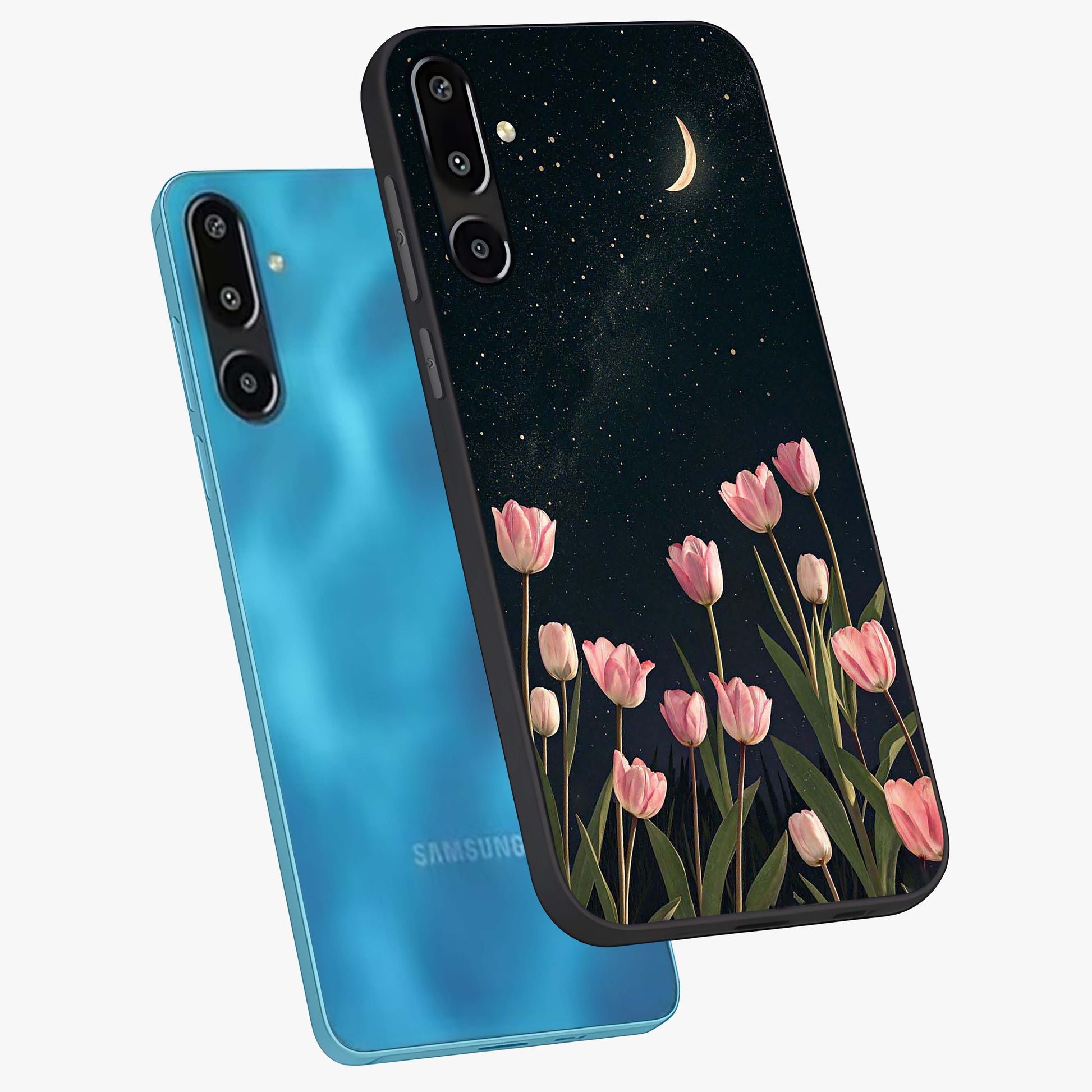 Midnight Tulip Whispers Vibe Glass Case displayed in angled mockup highlighting delicate tulip design with midnight floral aesthetic.
