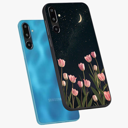 Midnight Tulip Whispers Vibe Glass Case displayed in angled mockup highlighting delicate tulip design with midnight floral aesthetic.