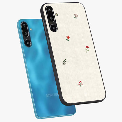 Minimalistic Blue With White Flower Pattern Glass Case displayed in angled mockup highlighting simple floral design with minimal aesthetic.