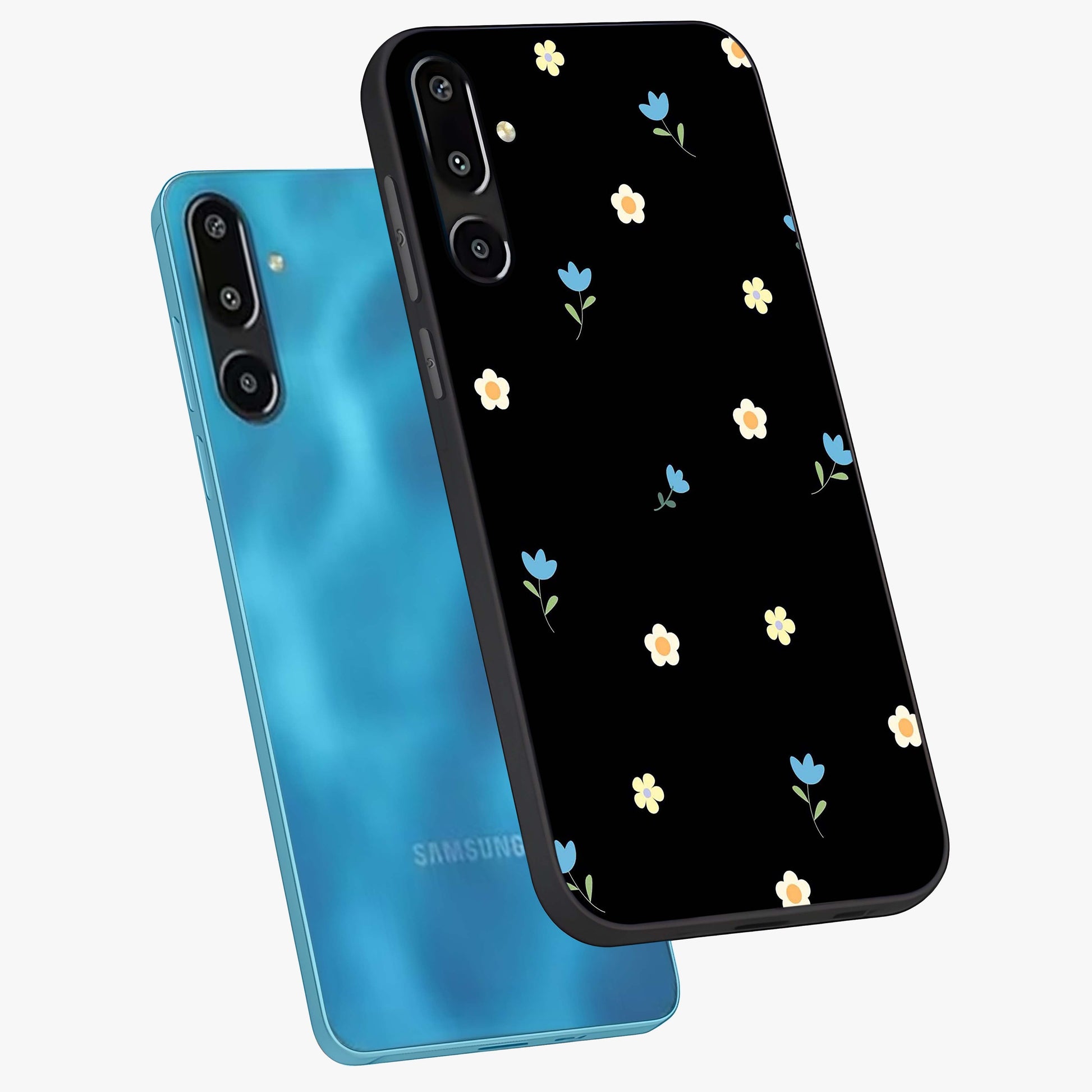Minimal Petal Whispers Glass Case displayed in angled mockup highlighting delicate petal design with clean minimal aesthetic.