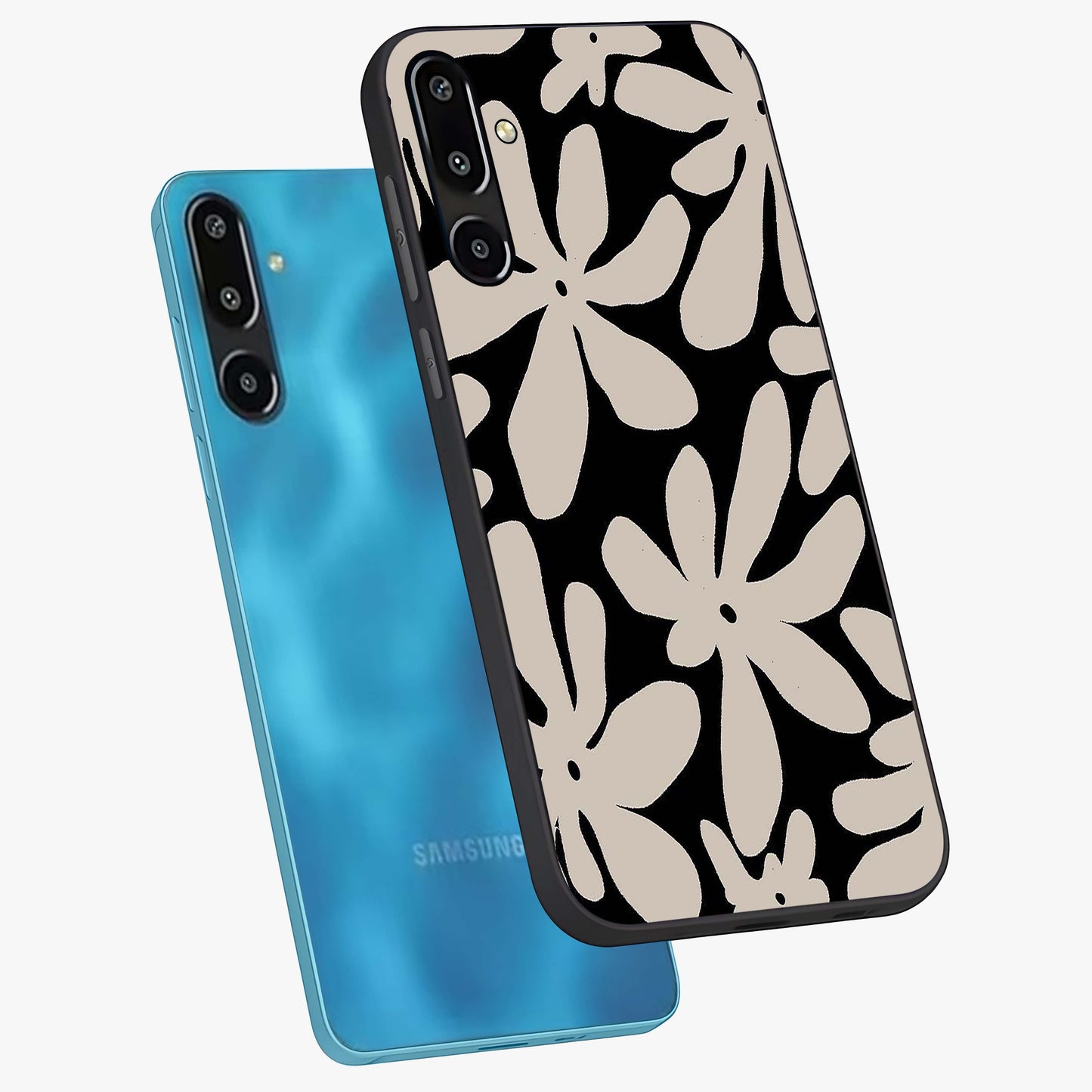 Monochrome Petal Dance Glass Case displayed in angled mockup highlighting elegant petal design with black and white aesthetic.
