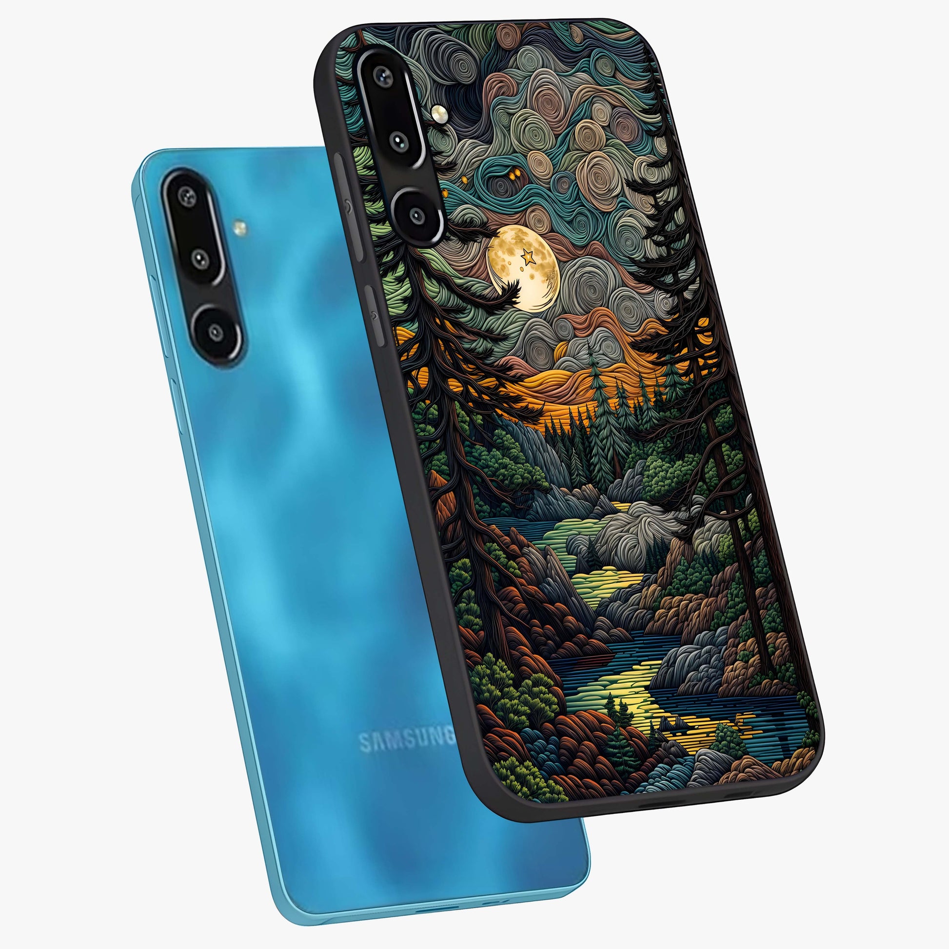 Moonlight Forest Dream Glass Case displayed in angled mockup highlighting dreamy forest design with glowing moon aesthetic.