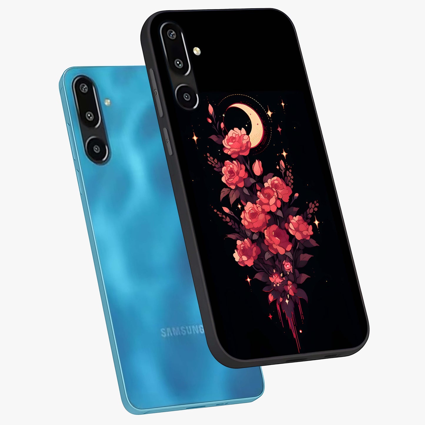 Moonlit Floral Elegance Glass Case displayed in angled mockup highlighting graceful flower design with soft moonlight aesthetic.