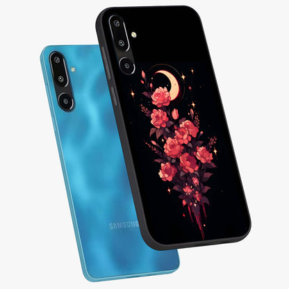 Moonlit Floral Elegance Glass Case displayed in angled mockup highlighting graceful flower design with soft moonlight aesthetic.