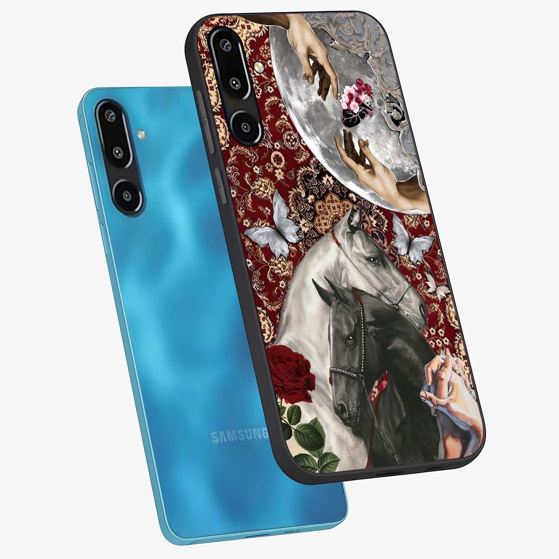 Moonlit Royal Stallion Glass Case displayed in angled mockup highlighting powerful stallion illustration with royal night aesthetic.