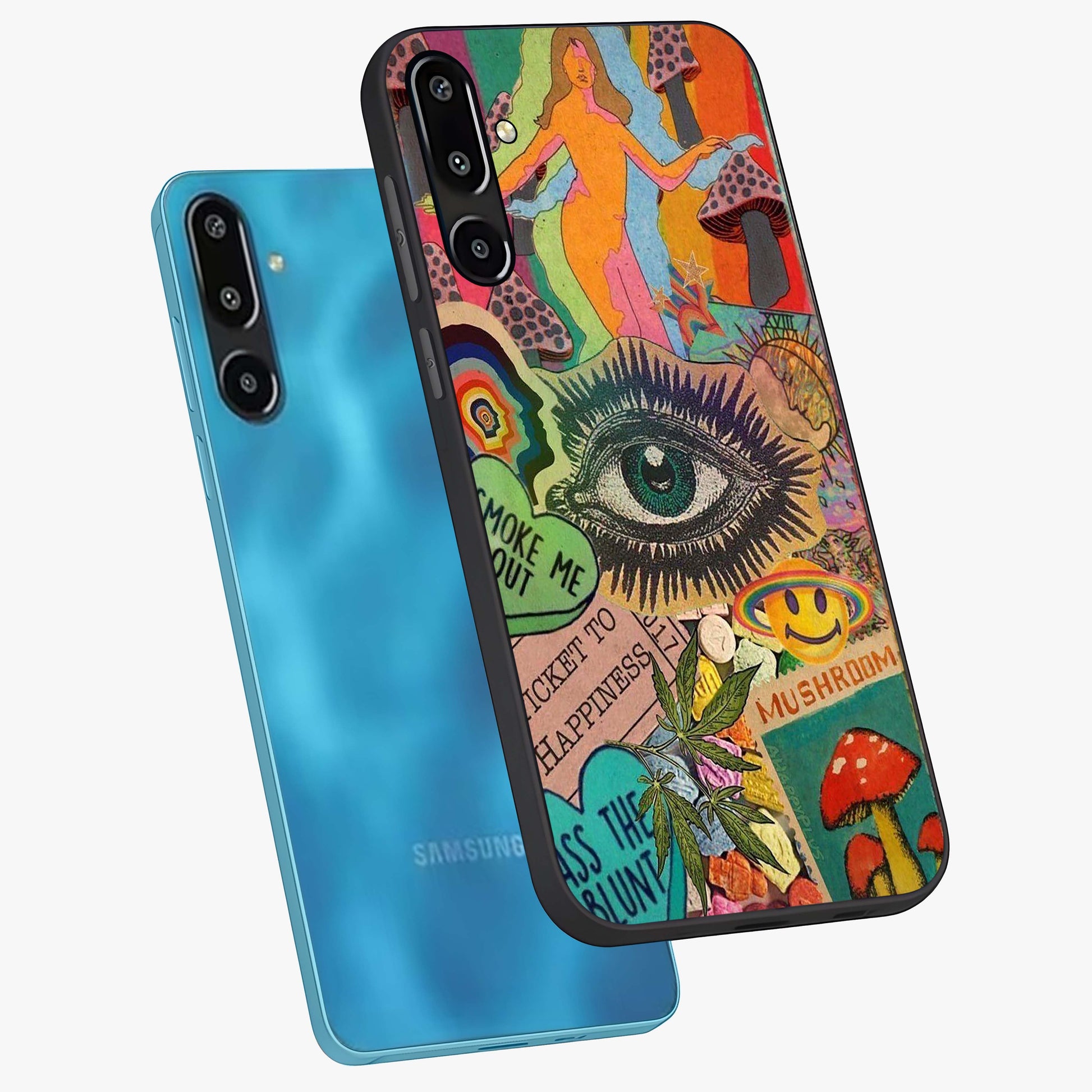 Mystic Eye Wonderland Glass Case displayed in angled mockup highlighting magical eye illustration with dreamy aesthetic.