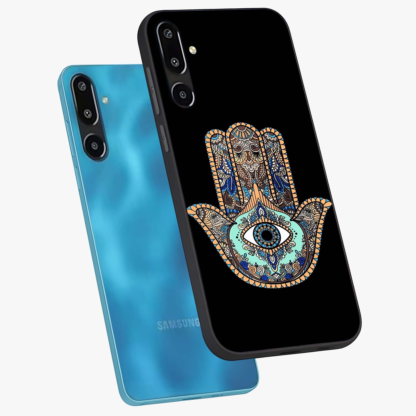 Mystic Hamsa Eye Glass Case displayed in angled mockup highlighting spiritual hamsa symbol with mystical aesthetic style.
