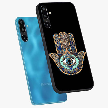 Mystic Hamsa Eye Glass Case displayed in angled mockup highlighting spiritual hamsa symbol with mystical aesthetic style.