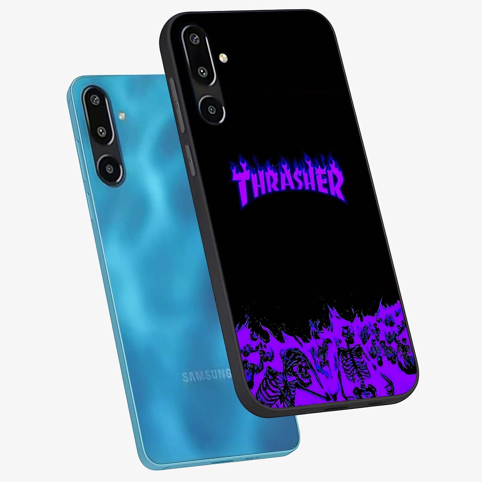 Neon Flame Riot Glass Case displayed in angled mockup highlighting glowing flame design with vibrant neon aesthetic.