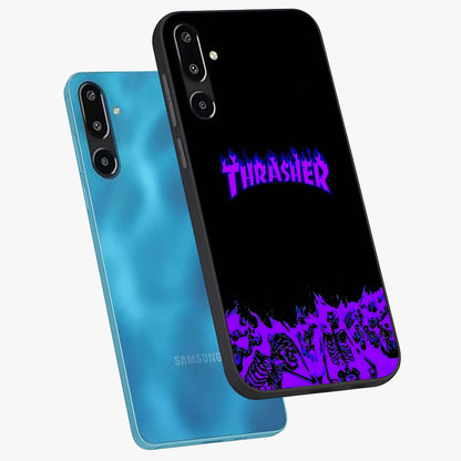 Neon Flame Riot Glass Case displayed in angled mockup highlighting glowing flame design with vibrant neon aesthetic.