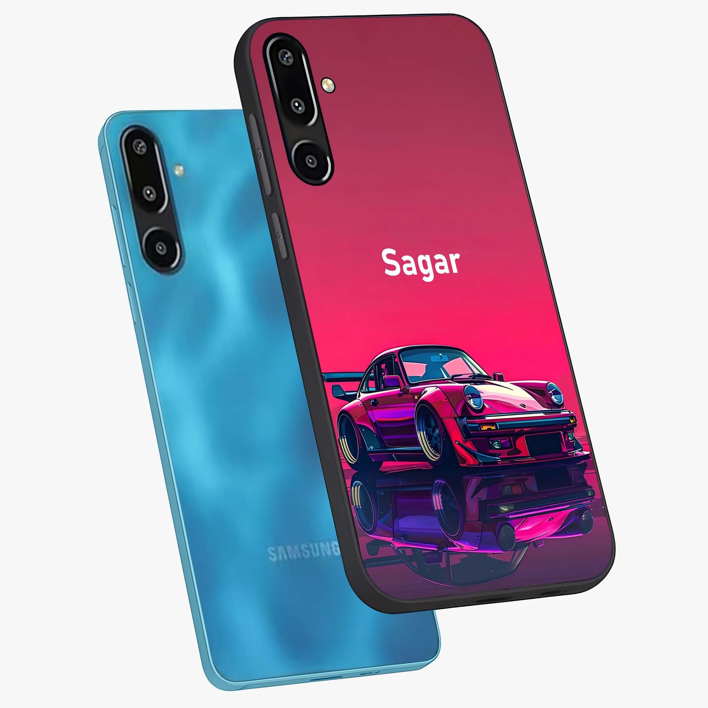 Neon Pink Porsche Glass Case displayed in angled mockup highlighting sleek neon pink car design with racing aesthetic.