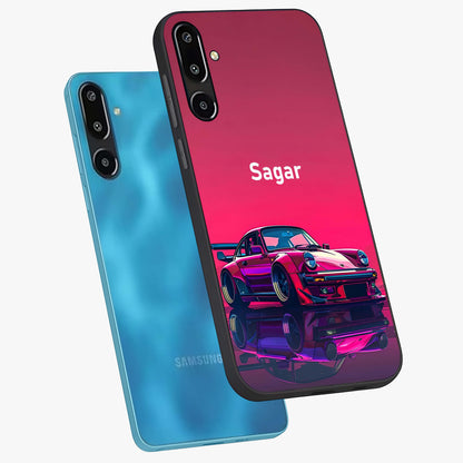 Neon Pink Porsche Glass Case displayed in angled mockup highlighting sleek neon pink car design with racing aesthetic.
