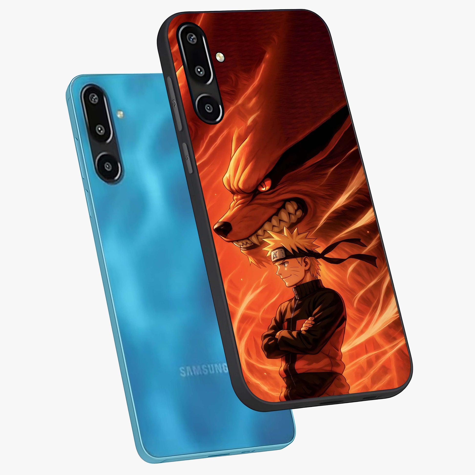 Nine Tails Legacy Glass Case displayed in angled mockup highlighting dynamic anime beast illustration with bold mystical aesthetic.