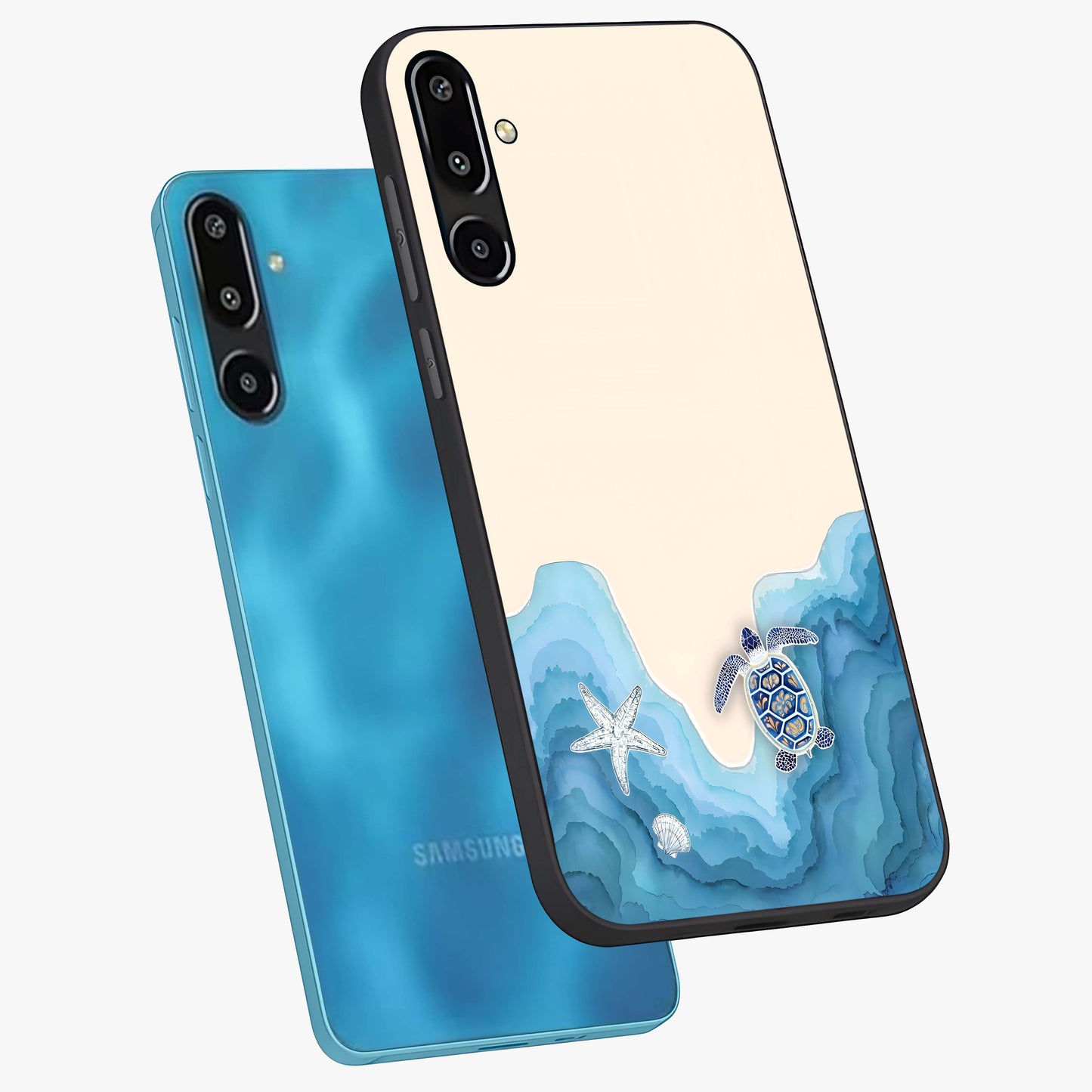 Ocean Drift Turtle Glass Case displayed in angled mockup highlighting peaceful ocean turtle illustration with marine aesthetic.