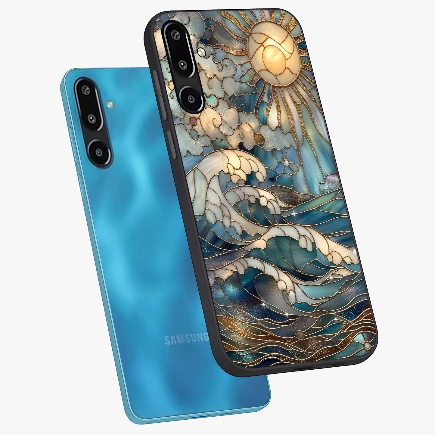 Oceanic Stained Printed Glass Case displayed in angled mockup highlighting colorful aquatic design with artistic aesthetic style.
