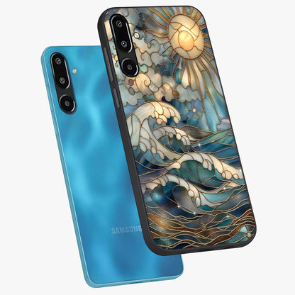 Oceanic Stained Printed Glass Case displayed in angled mockup highlighting colorful aquatic design with artistic aesthetic style.