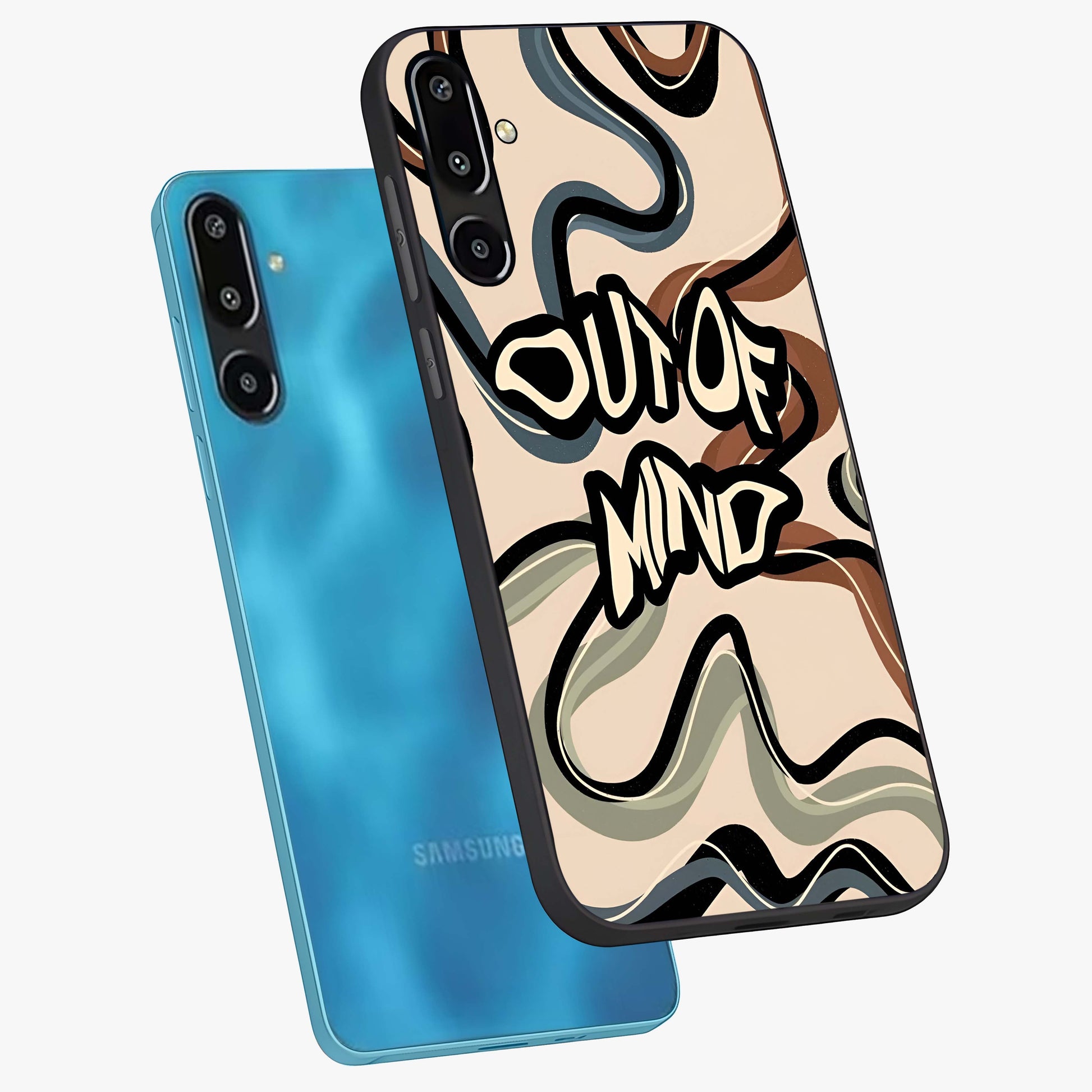 Out Of Mind Glass Case displayed in angled mockup highlighting bold statement design with modern artistic aesthetic.