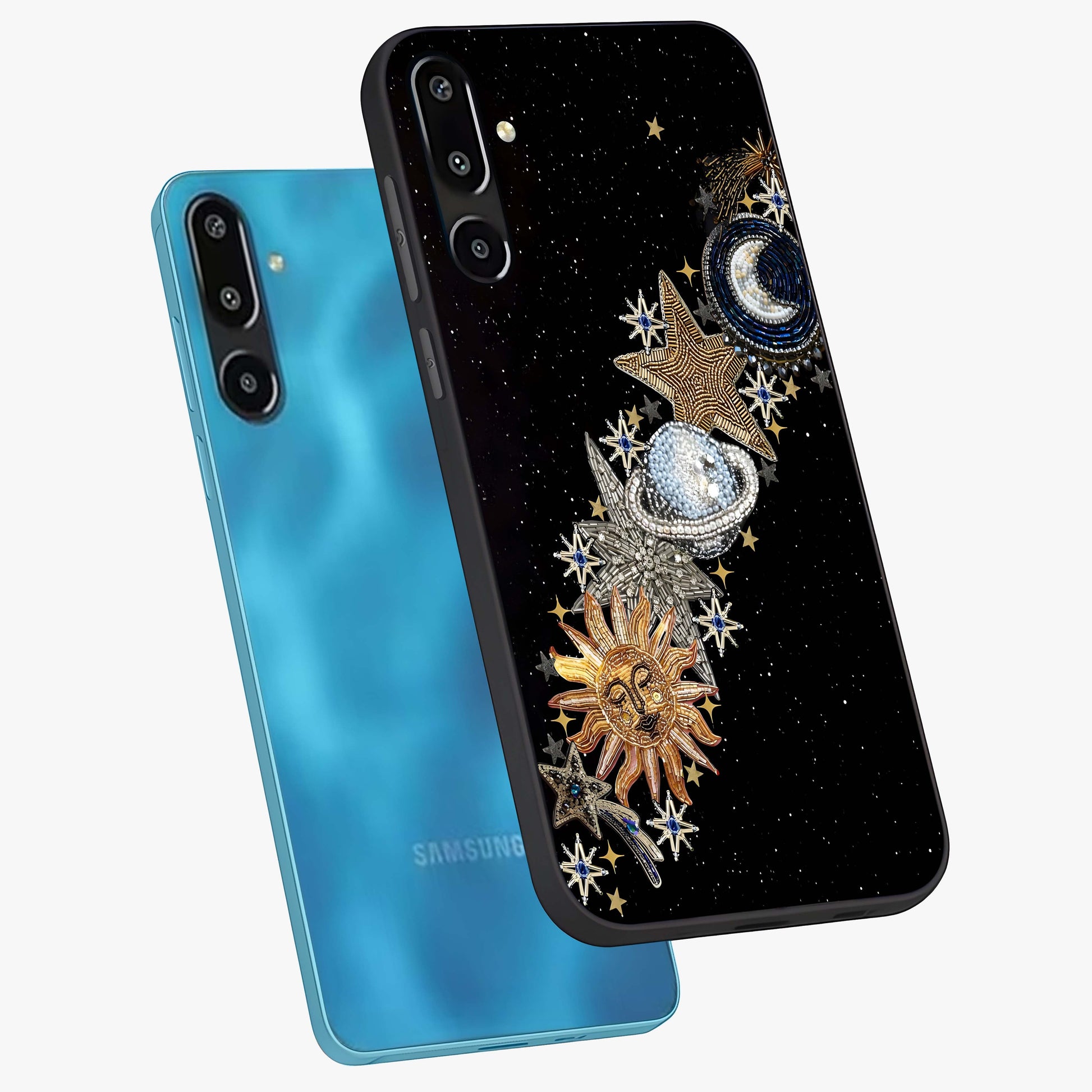Pearls Universe Object Glass Case displayed in angled mockup highlighting celestial pearl design with dreamy aesthetic.