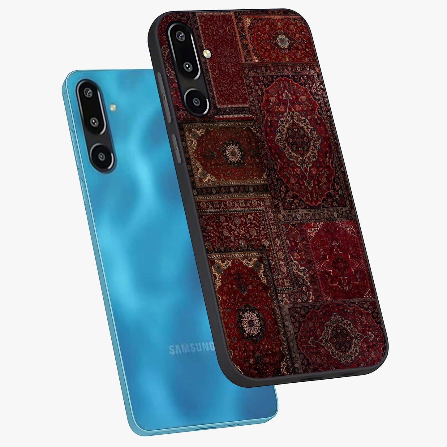Persian Velvet Tale Glass Case displayed in angled mockup highlighting ornate textile inspired design with royal aesthetic.