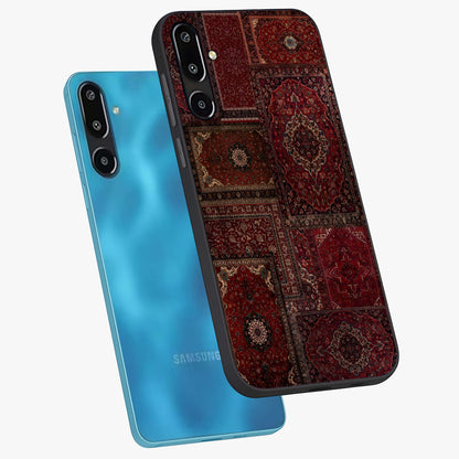 Persian Velvet Tale Glass Case displayed in angled mockup highlighting ornate textile inspired design with royal aesthetic.