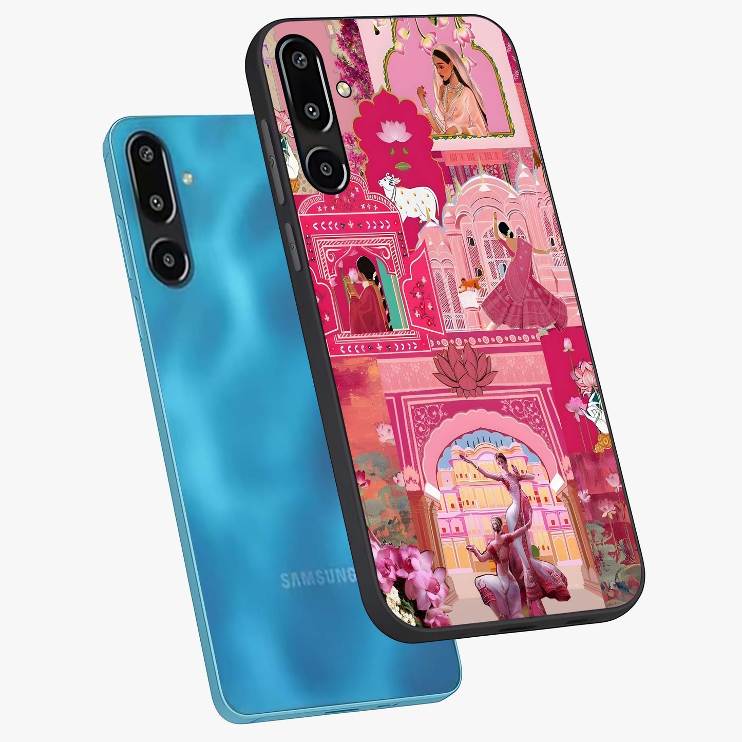 Pink Palace Muse Glass Case displayed in angled mockup highlighting dreamy palace illustration with soft pink aesthetic.