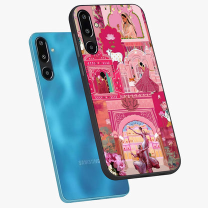 Pink Palace Muse Glass Case displayed in angled mockup highlighting dreamy palace illustration with soft pink aesthetic.