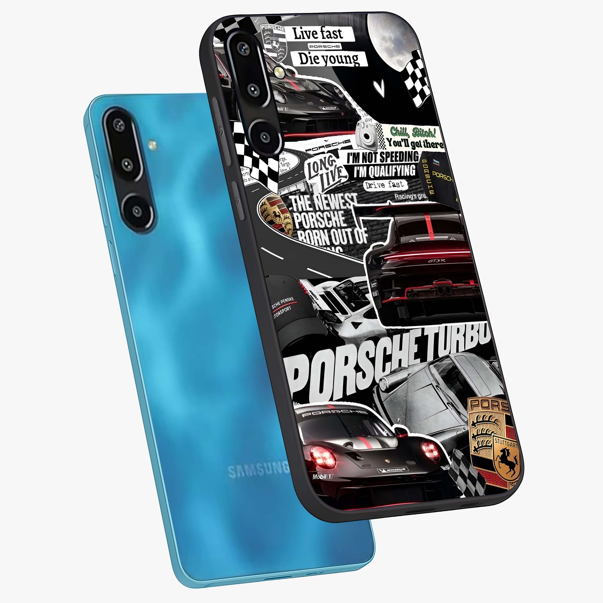 Porsche Racing Collage Glass Case displayed in angled mockup highlighting dynamic automotive design with bold racing aesthetic.