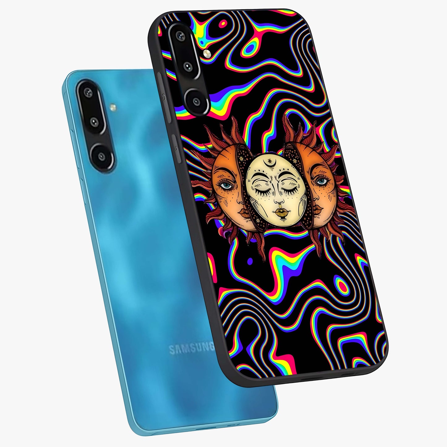 Psychedelic Sun Glass Case displayed in angled mockup highlighting vibrant abstract sun design with artistic aesthetic style.